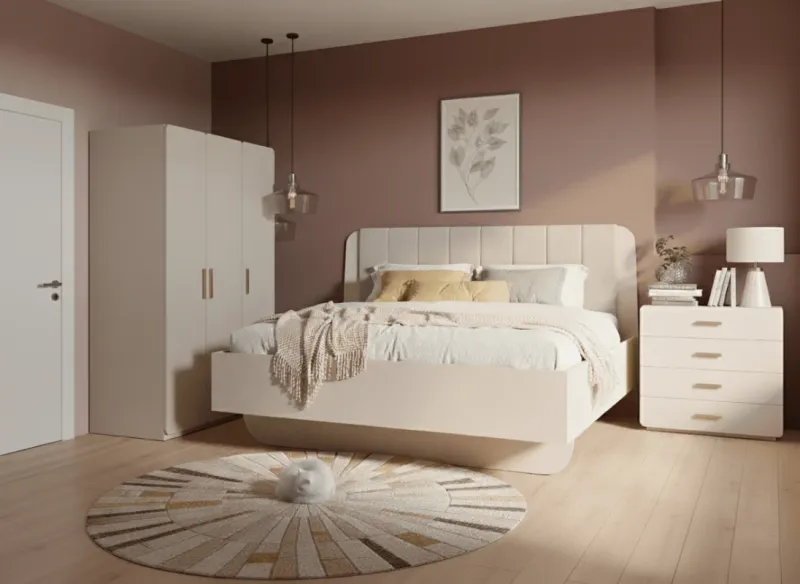Chambre à coucher complète coloris beige – Lit 160×200 cm – CHAMBRE-LORENZ