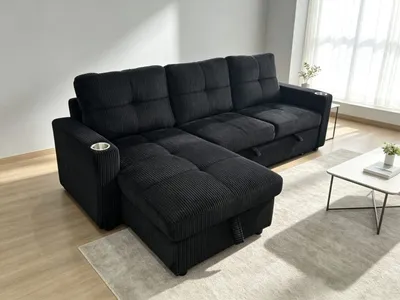 Salon d'angle convertible avec coffre de rangement 214×133 cm, couchage 188×133 cm, noir – SALON-XF2533NOIR