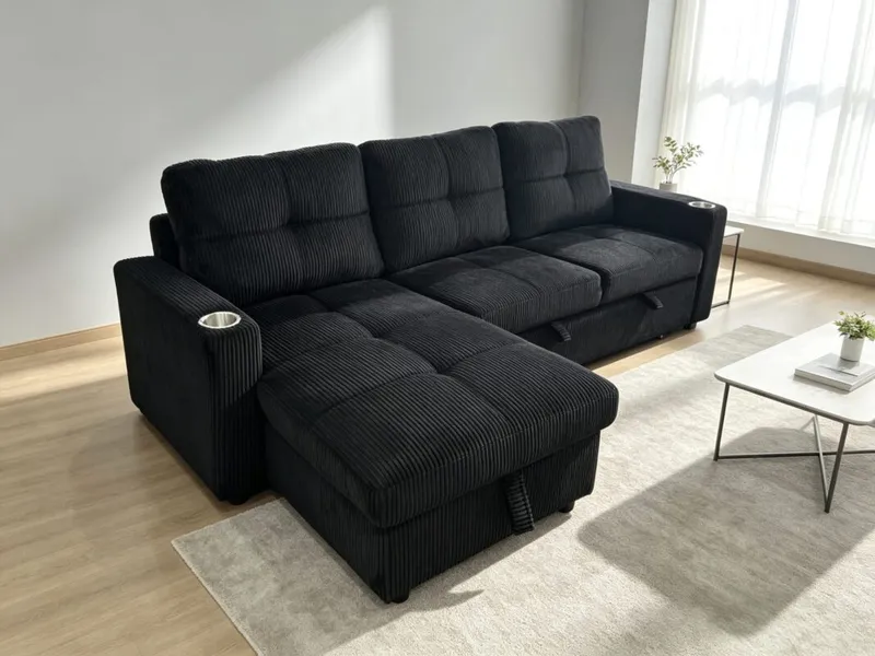 Salon d'angle convertible avec coffre de rangement 214×133 cm, couchage 188×133 cm, noir – SALON-XF2533NOIR