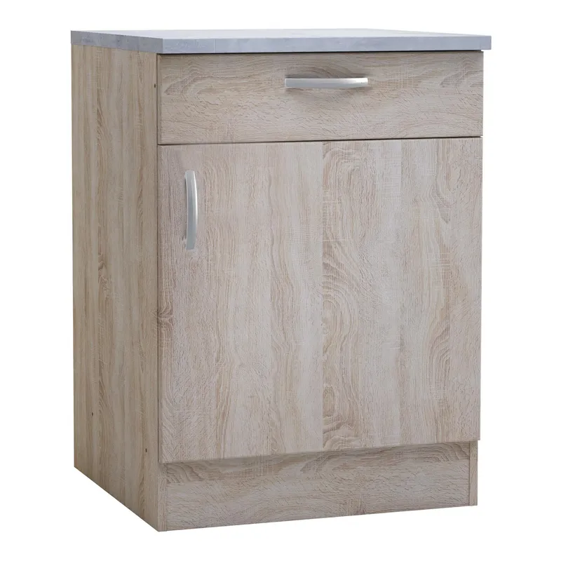 Meuble bas de cuisine 1 porte 1 tiroir avec plan de travail intégré – 60×60×85 cm – Décor chêne