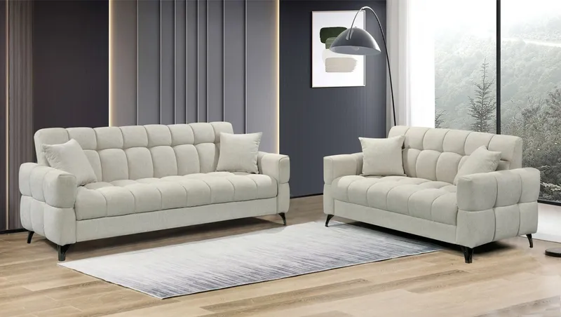Canapé clic-clac beige + rangement + 2 coussins 208×87 cm