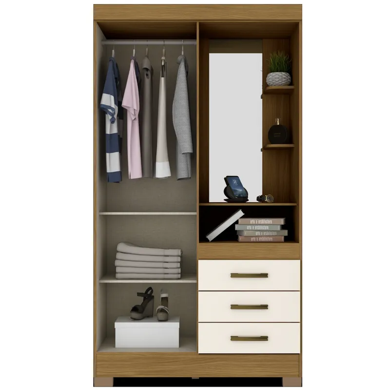 Armoire 2 portes 3 tiroirs crème effet bois