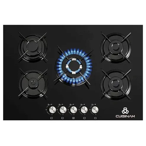 Plaque gaz encastrable Cuisinam 70 cm 5 feux Wok Noir CGLH-710121