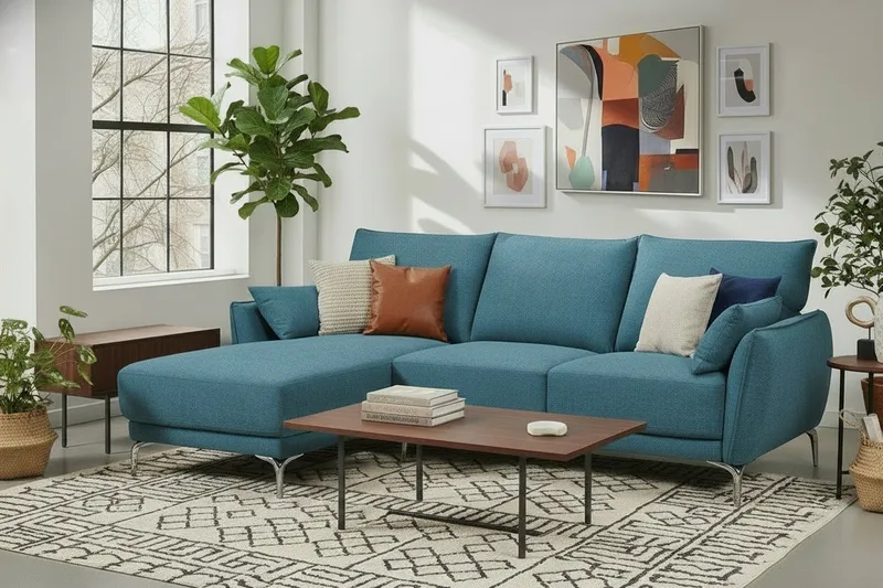 Canapé d'angle en tissu – Coloris bleu avec 2 coussins – 227×154×86 cm