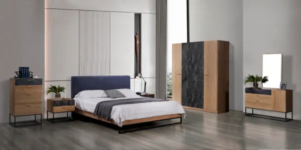 Chambre complète DZ43 lit 160 + chevet + armoire 4 portes + coiffeuse, chêne/gris marbre