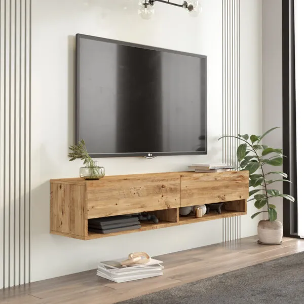 Meuble TV suspendu avec étagère, design épuré