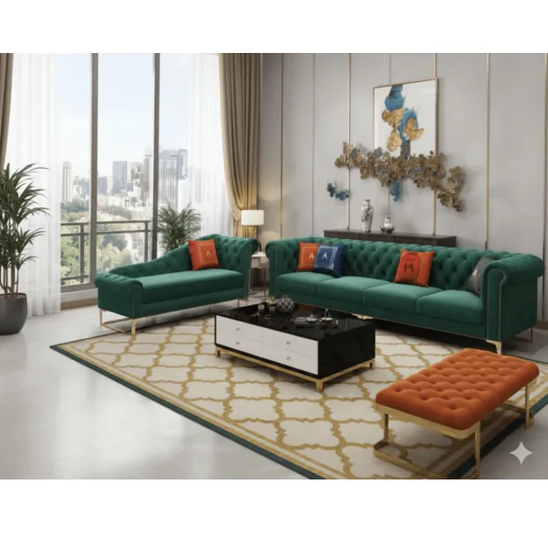Salon luxe canapés 3+4 places vert, repose-pieds orange