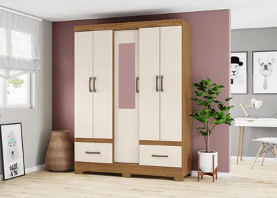 Armoire 5 portes 2 tiroirs avec miroir, finition bois et crème – 145×46×200 cm – ARM-B60-127