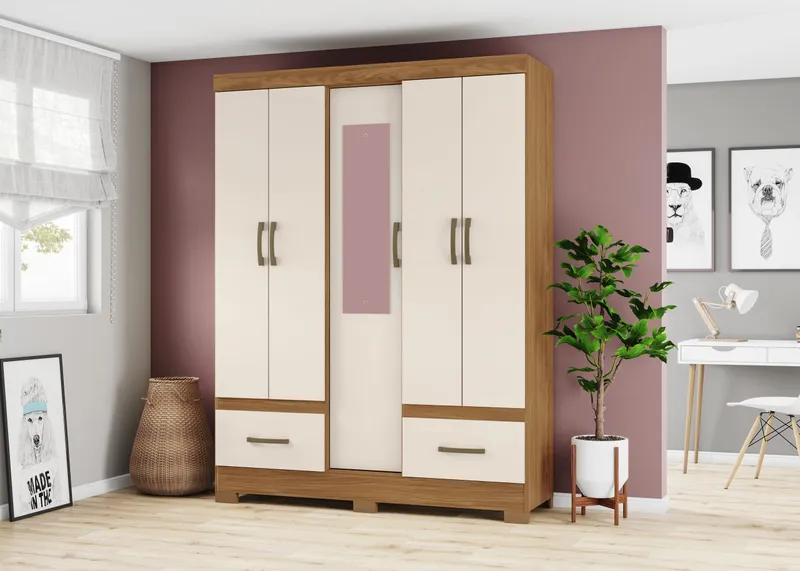 Armoire 5 portes 2 tiroirs avec miroir, finition bois et crème – 145×46×200 cm – ARM-B60-127