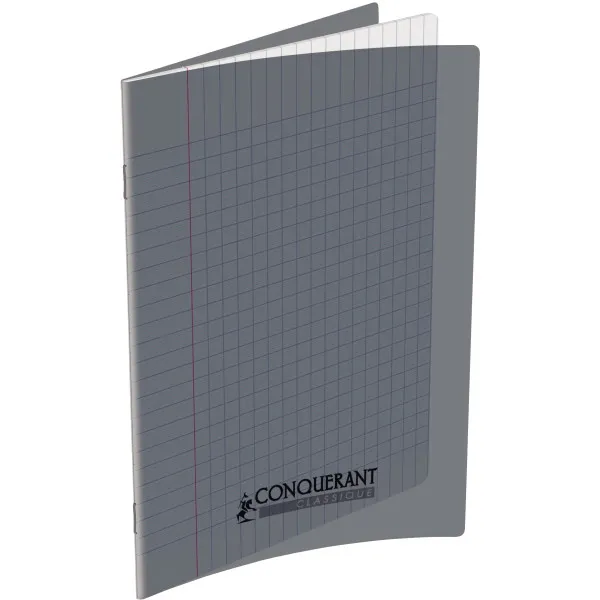 Cahier Classique 24x32cm 96 Pages Agrafes Grands Carreaux Couverture en Polypro Gris CONQUERANT