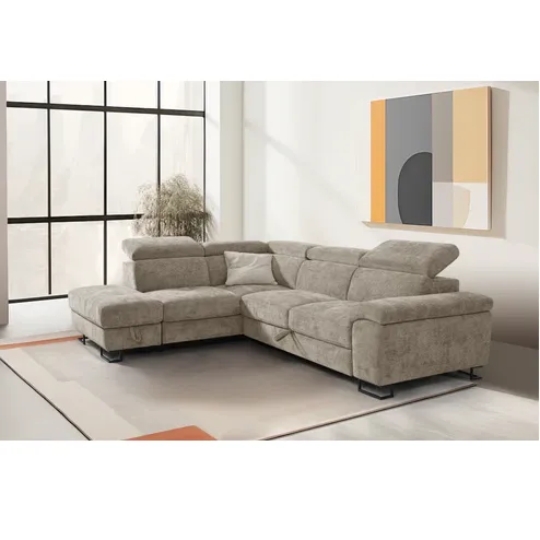 Canapé d’angle droit convertible avec coffre – Beige Marron 276x212x79 cm