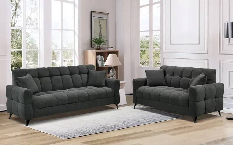 Canapé clic-clac gris + rangement + 2 coussins 208×87 cm