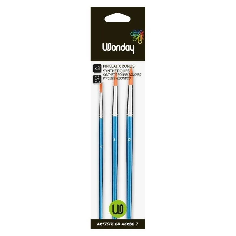 Sachet de 3 pinceaux ronds synthétiques, manche court