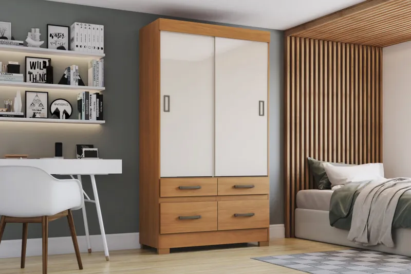 Armoire 2 portes coulissantes 4 tablettes coloris beige et bois – 110 × 201 × 49 cm – ARM-BE25-227