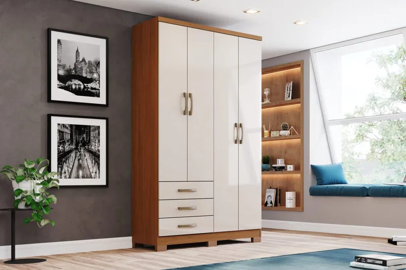 Armoire 4 portes 3 tiroirs en bois – 121 × 46 × 200 cm – coloris cajou – ARM-DA135-221