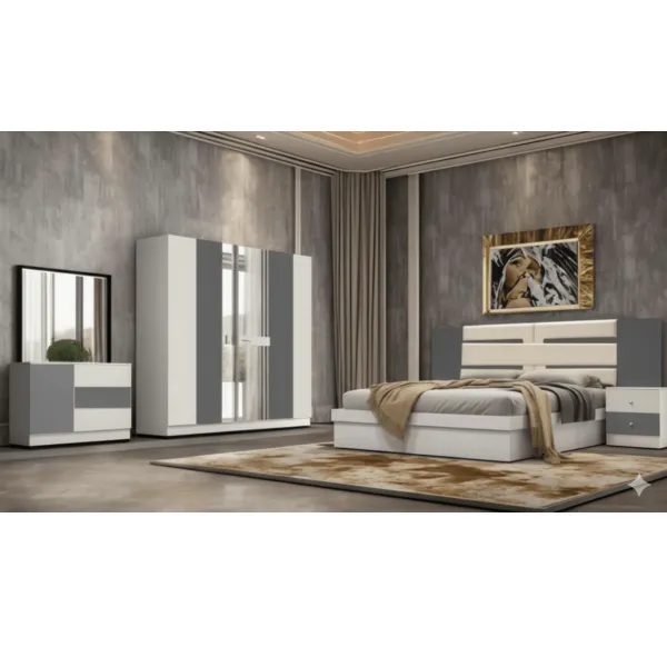 Chambre à coucher complète : lit 160, 2 chevets, coiffeuse et armoire