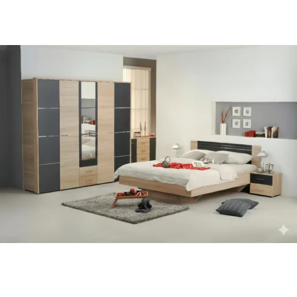 Chambre à coucher complète : lit 160, 2 chevets, armoire 5 portes