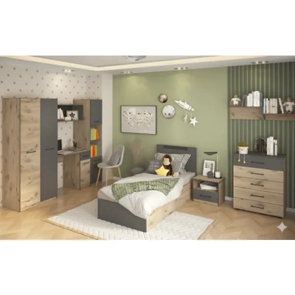 Chambre à coucher complète : lit 140×200, commode, chevet, armoire et bureau