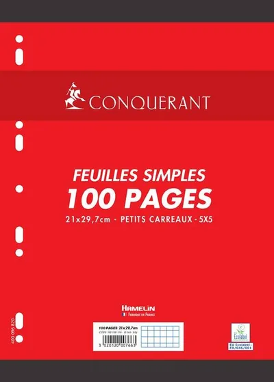 Feuilles simples A4 blanches 100 pages petits carreaux 5 mm Conquérant