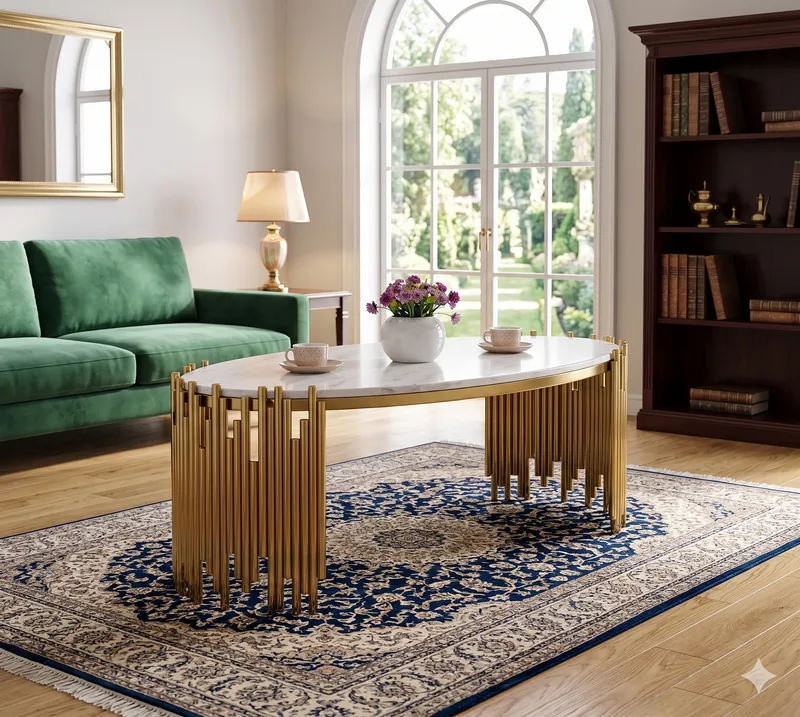Table basse ovale dorée – plateau et pieds design