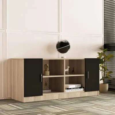 Meuble TV design compact – coloris chêne et noir – TV-VO6-OB