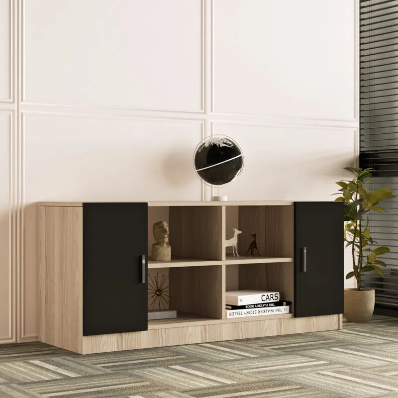 Meuble TV design compact – coloris chêne et noir – TV-VO6-OB