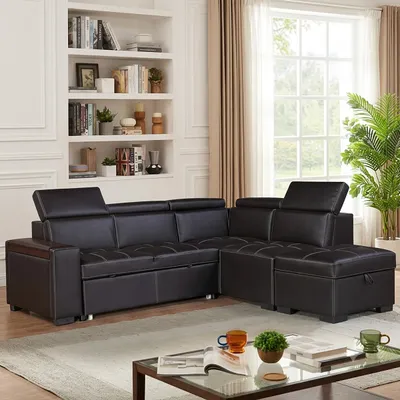 Canapé d'angle convertible avec coffre de rangement + 2 poufs et ottoman