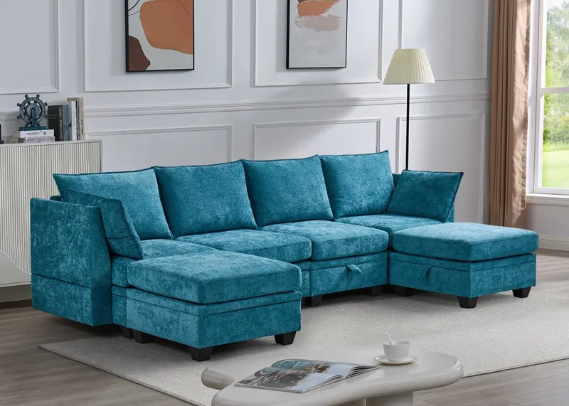 Salon d&rsquo;angle modulable avec coffre XL1672 + pouf 300x91x82 cm