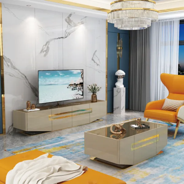 Meuble TV beige doré 200×40×45 cm