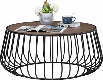Table basse ronde métal et bois – Ø 80 cm × H 41 cm – Bicolore marron et noir