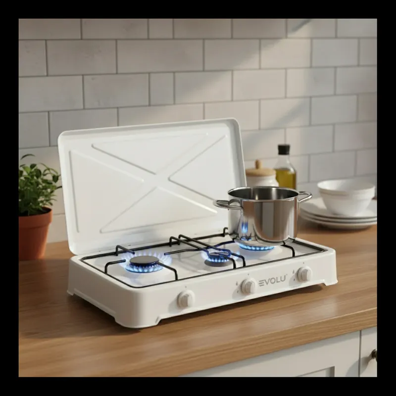 Réchaud à gaz Evolu 3 feux avec couvercle – Blanc
