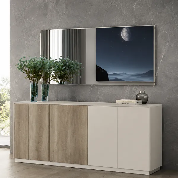 Bahut avec miroir 2 portes – finition gris bois – 180×40×85 cm + miroir 140×100 cm