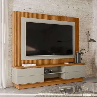 Meuble TV MARINGA blanc cassé/bois porte coulissante (TV 70&Prime;)