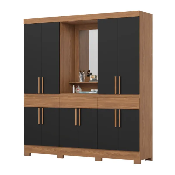 Armoire 10 portes miroir bois noir 200×215×46,5 cm