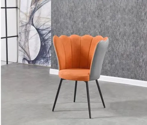 Fauteuil velours orange/gris pieds métal noir