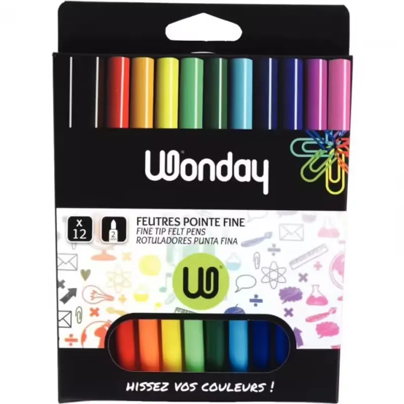 Boîte de 12 feutres pointe fine couleurs assorties – Wonday
