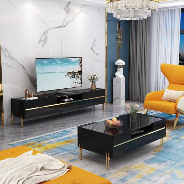 Meuble TV noir doré 200×40×45 cm