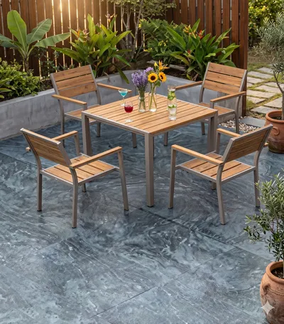 Table de terrasse carrée 80×80 cm (h. 75 cm) + 4 chaises aluminium – Ensemble 5 pièces