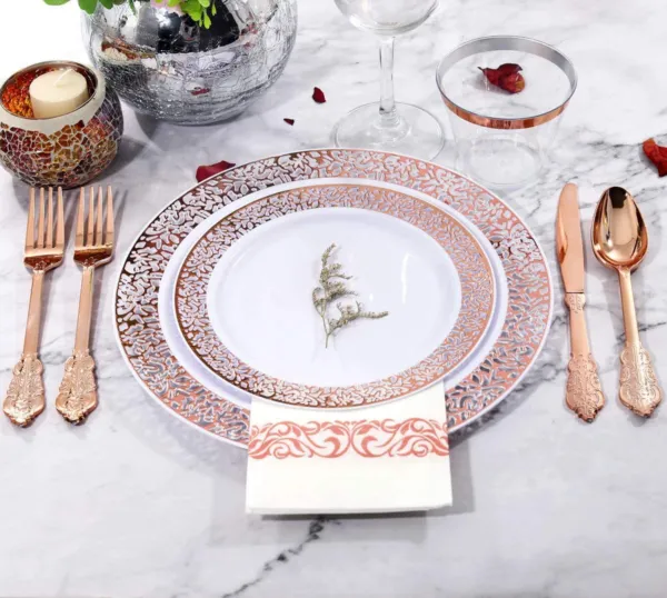 Vaisselle lavable rose gold 175 pièces avec serviettes