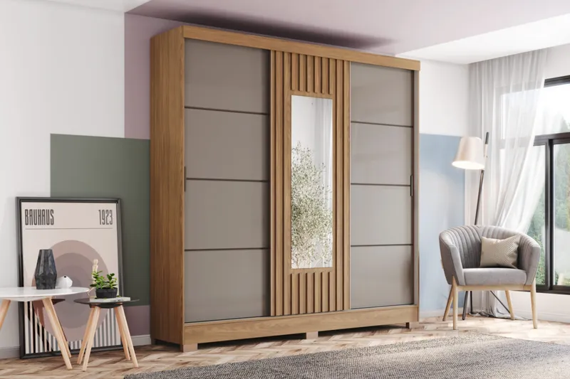 Armoire coulissante avec miroir – finition gris bois – 200×48×215 cm – ARM-B376-222