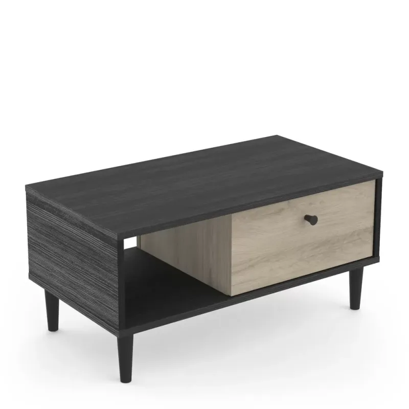 Table basse Indus 1 tiroir 1 niche effet bois brûlé