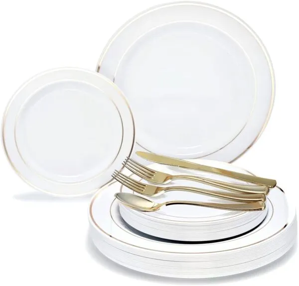 Vaisselle lavable dorée 175 pièces avec serviettes