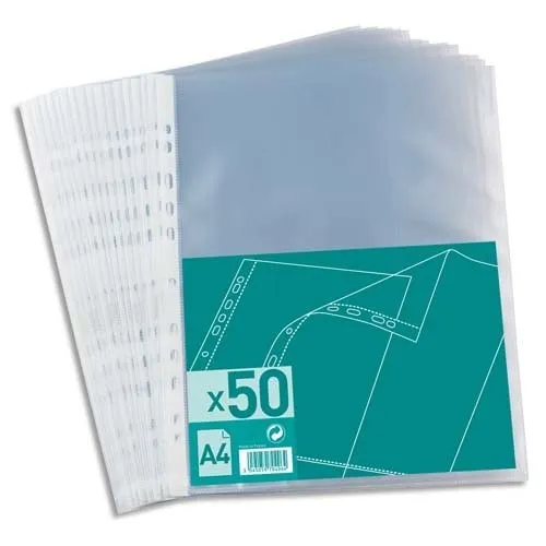 Lot de 50 pochettes perforées A4 PP 40µ grainées transparentes