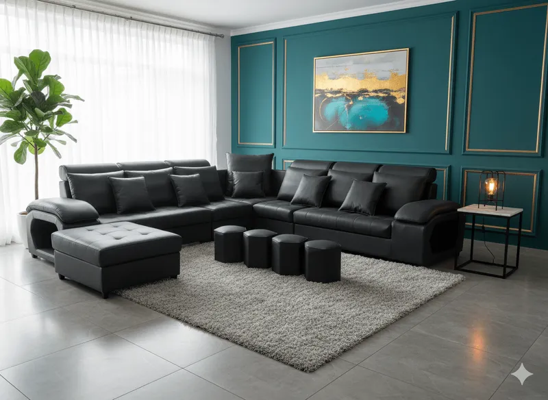 Salon d’angle modulable en tissu avec poufs intégrés – configuration panoramique