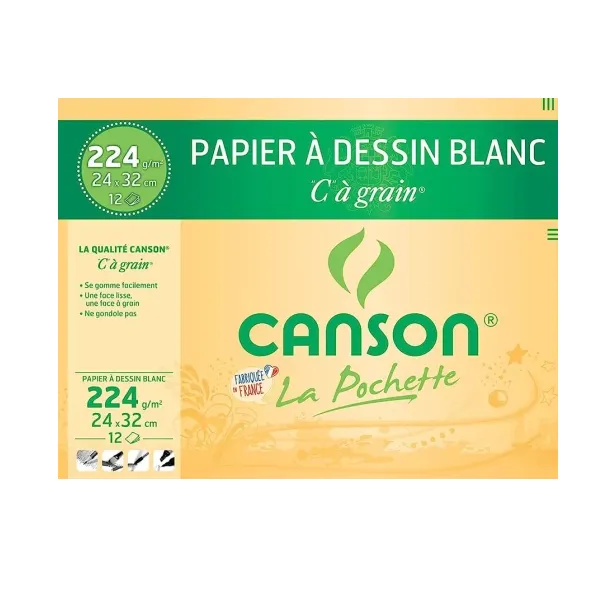 Pochette 12 feuilles C à Grain 24×32 cm 224 g blanc – Canson