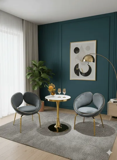 Table d'appoint effet marbre + 2 chaises pétales grises
