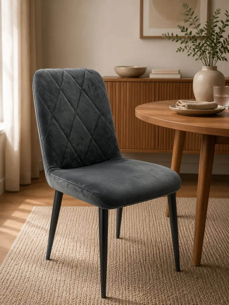 Chaise X71 grise assise velours, pieds métal 92x42x47