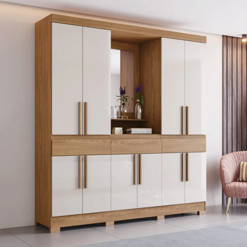 Armoire 10 portes avec miroir coloris beige effet bois – 200×46×215 cm – ARM-B374-127