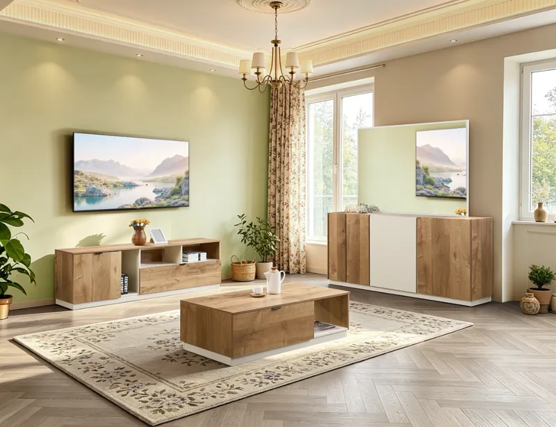 Bahut avec miroir, finition beige bois, 180×40×85 cm – miroir 140×100 cm