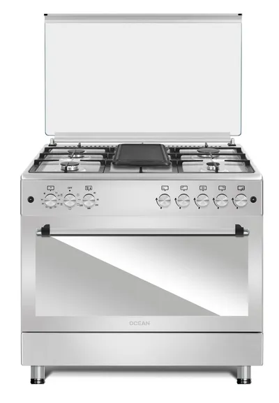 Cuisinière 5 feux four gaz + four électrique inox 90×60
